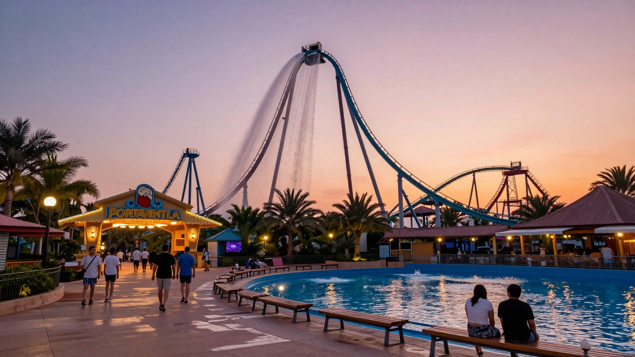 PortAventura Waterpark al atardecer con la montaña rusa Shambhala en acción y cielo rosado.