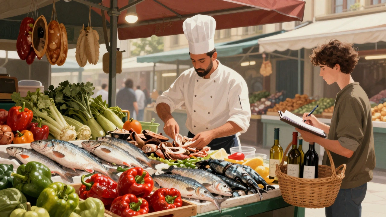 Puesto del Mercado de la Ribera en Bilbao con pescado fresco, pimientos y vino txakoli, un chef eligiendo ingredientes.