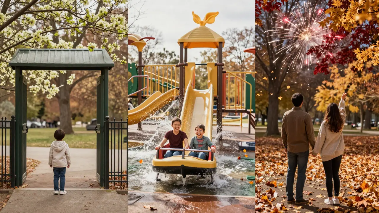 Secuencia estacional: niño en primavera, hermanos en verano y padres en otoño, todos en el mismo parque durante sus respectivas temporadas.