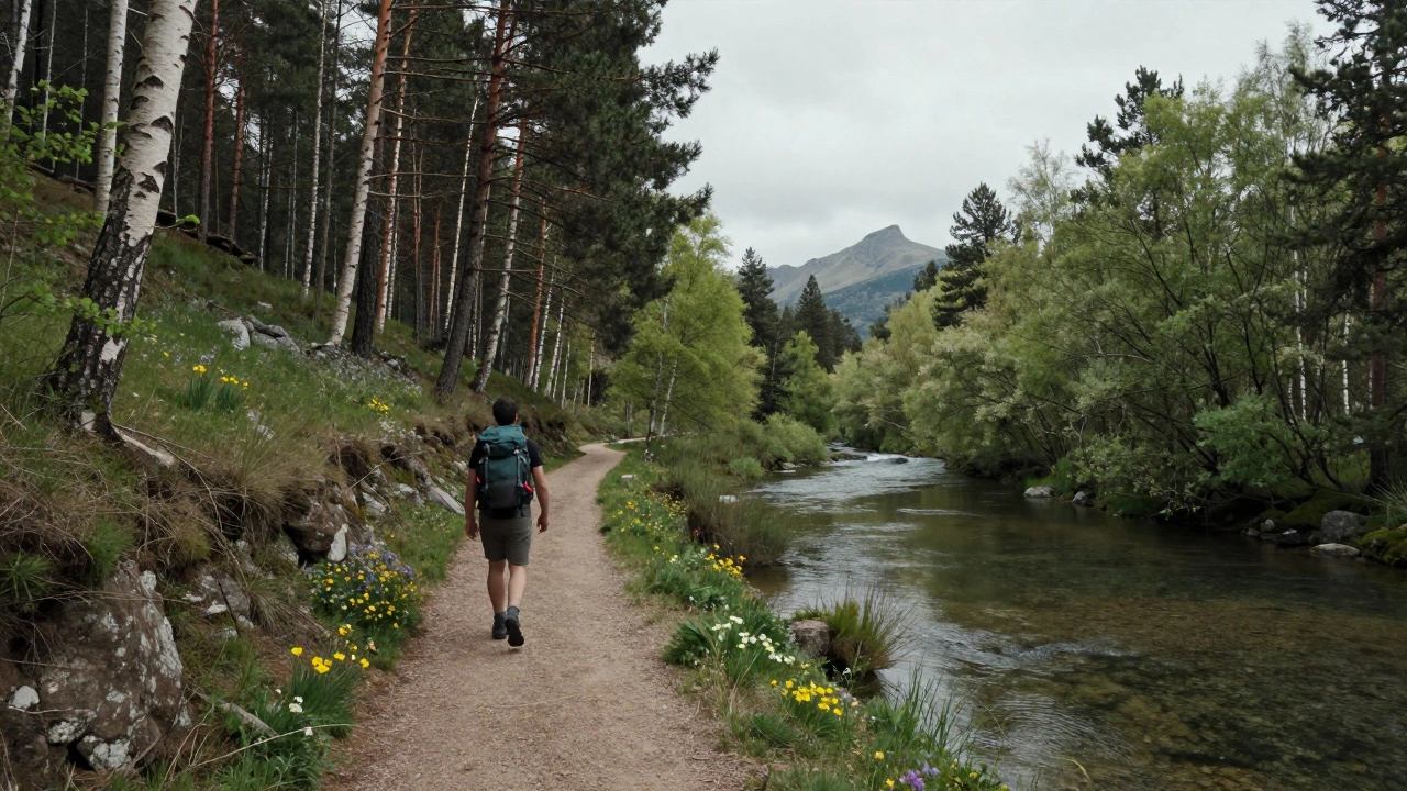 Senderista caminando por un sendero junto al río Ebro en primavera, entre pinos y flores silvestres.