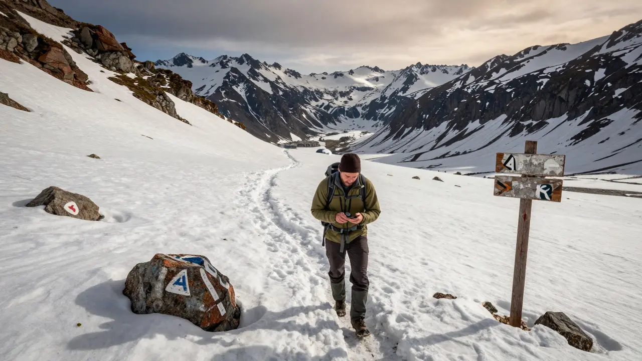 Sendero en los Pirineos en junio, con nieve derretida revelando marcas del camino y un refugio distante bajo un cielo despejado.