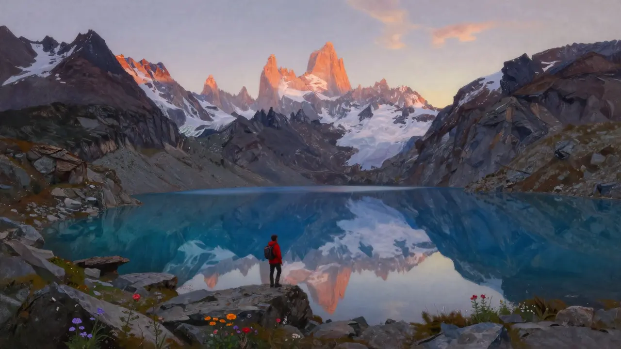 Tres lagos glaciares reflejando picos montañosos al atardecer, con un senderista en primer plano.