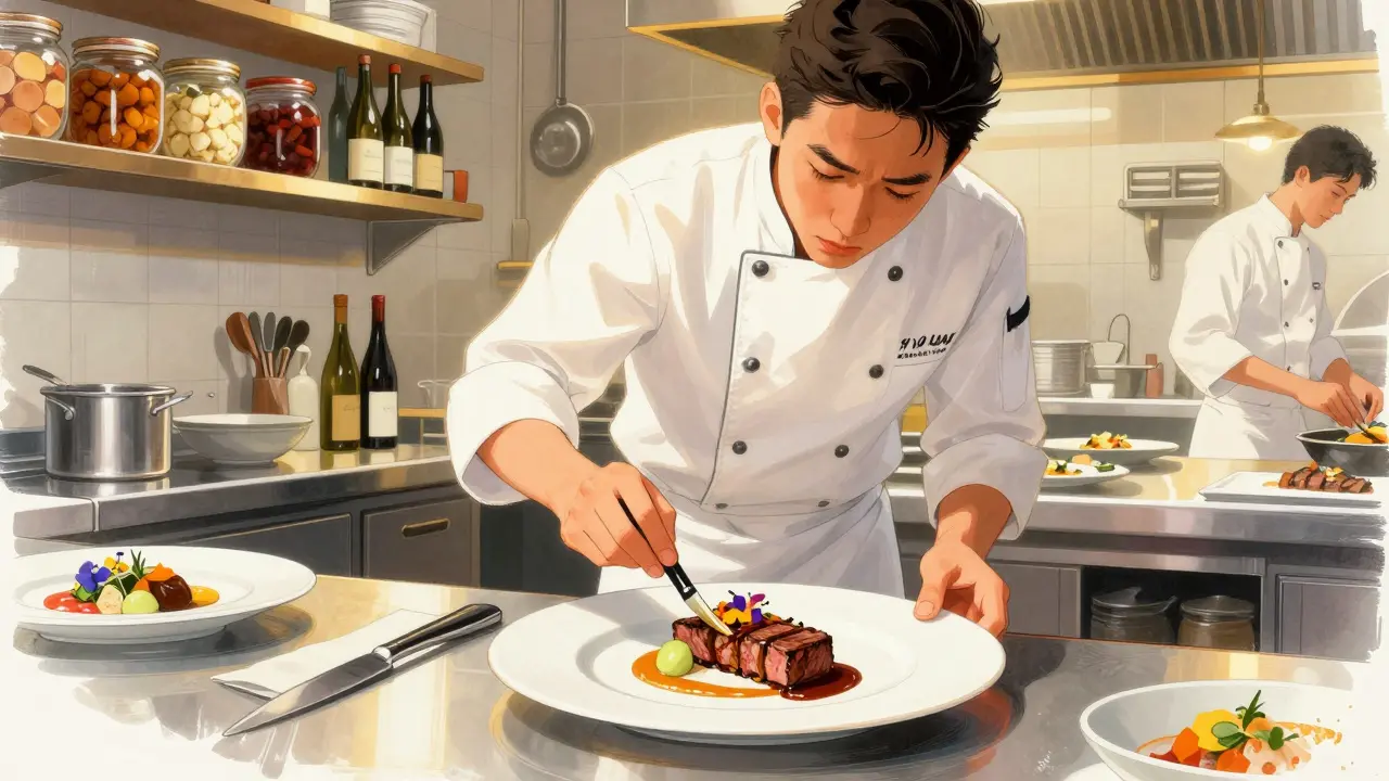 Un cocinero profesional plating un plato de alta gastronomía en una cocina de restaurante de lujo.
