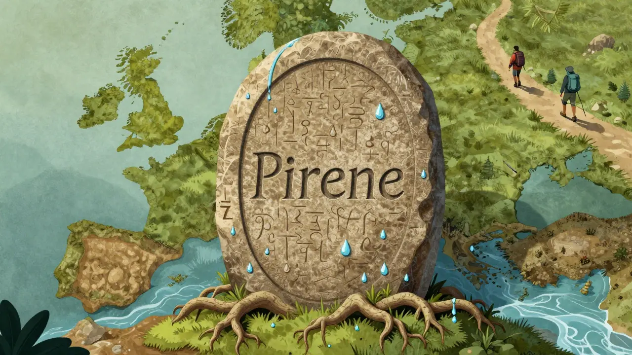 Una tabla de piedra antigua con la palabra 'Pirene' y ríos que fluyen hacia Europa.