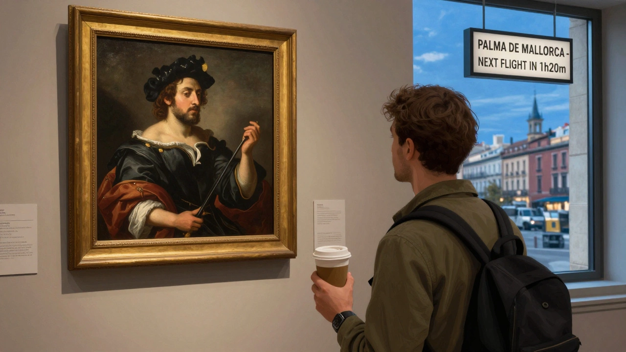Viajero explorando el Museo del Prado en Madrid durante una escala hacia Mallorca.
