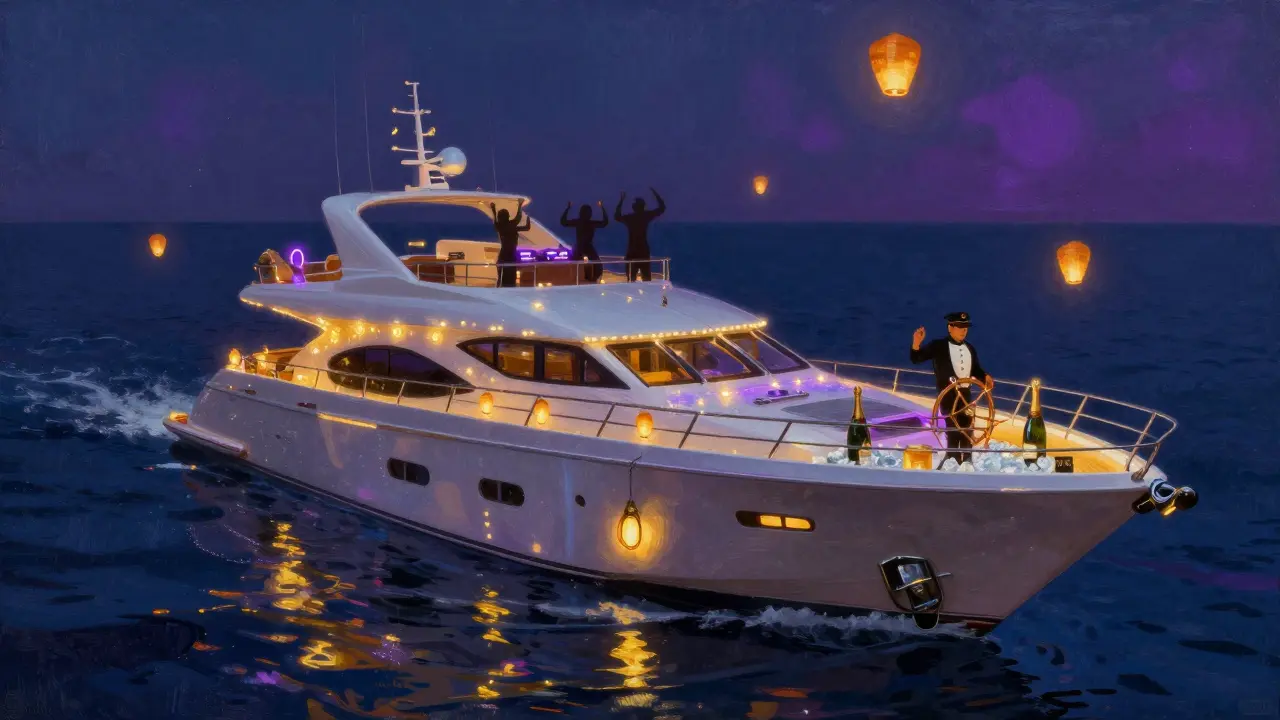 Yate de lujo con fiesta nocturna, luces neón y reflejos en el mar bajo la noche estrellada.
