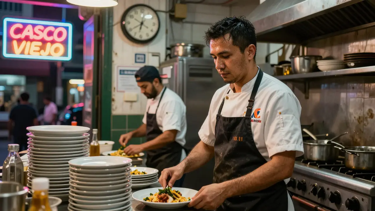 Ayudante trabajando hasta tarde en una cocina de Casco Viejo, rodeado de platos y luces neón.