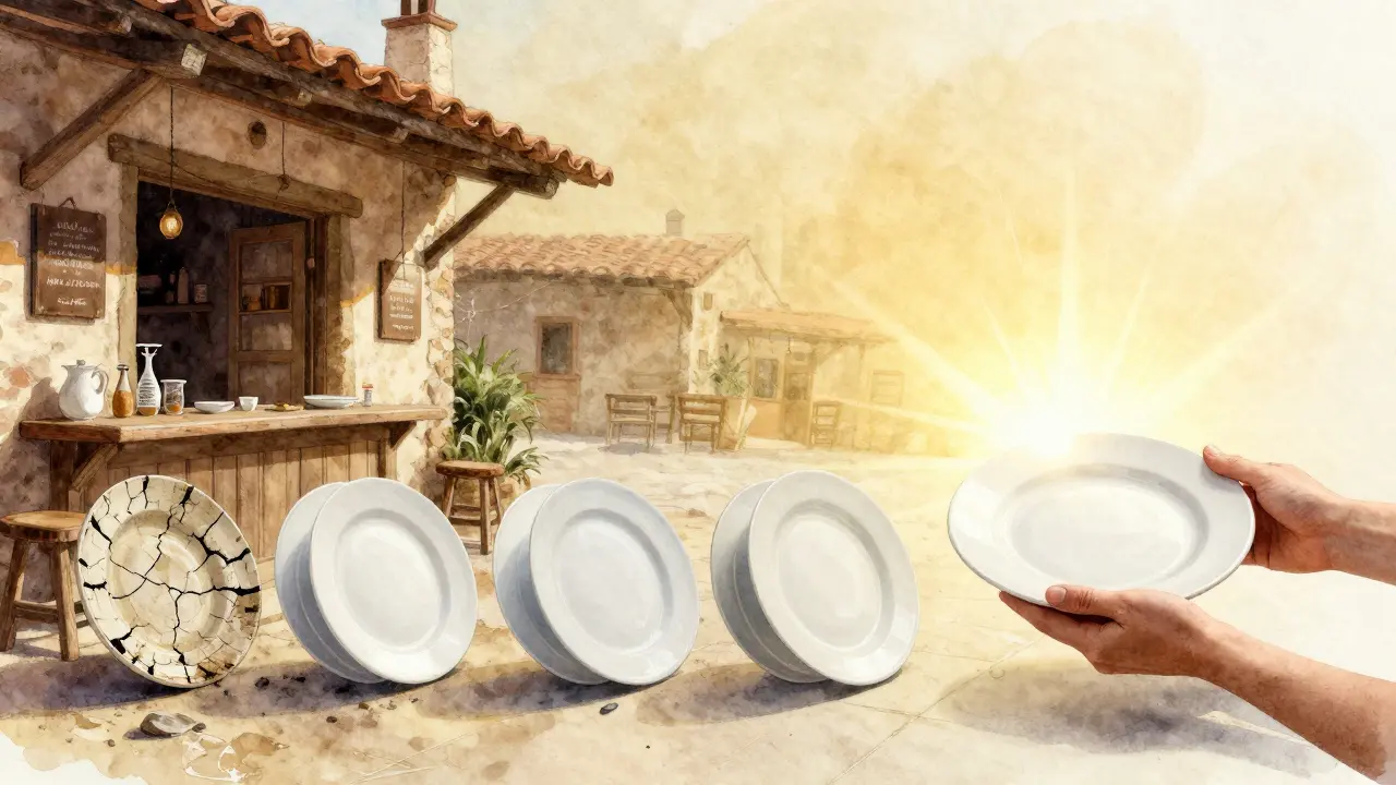 Camino simbólico de platos desde un restaurante rural hasta uno de lujo, representando crecimiento profesional.