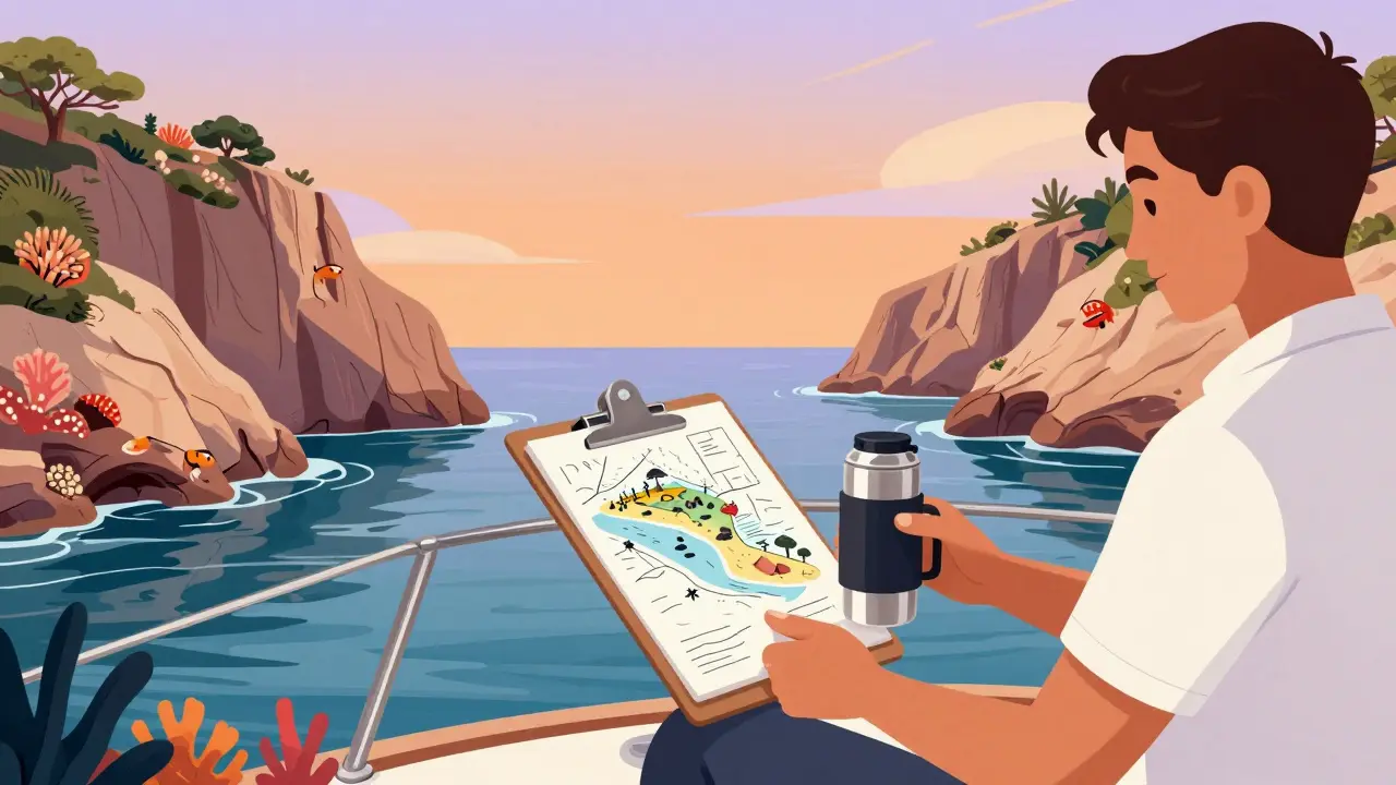 Capitán local guiando un yate por una cala escondida con mapa en mano y tripulante ayudando.