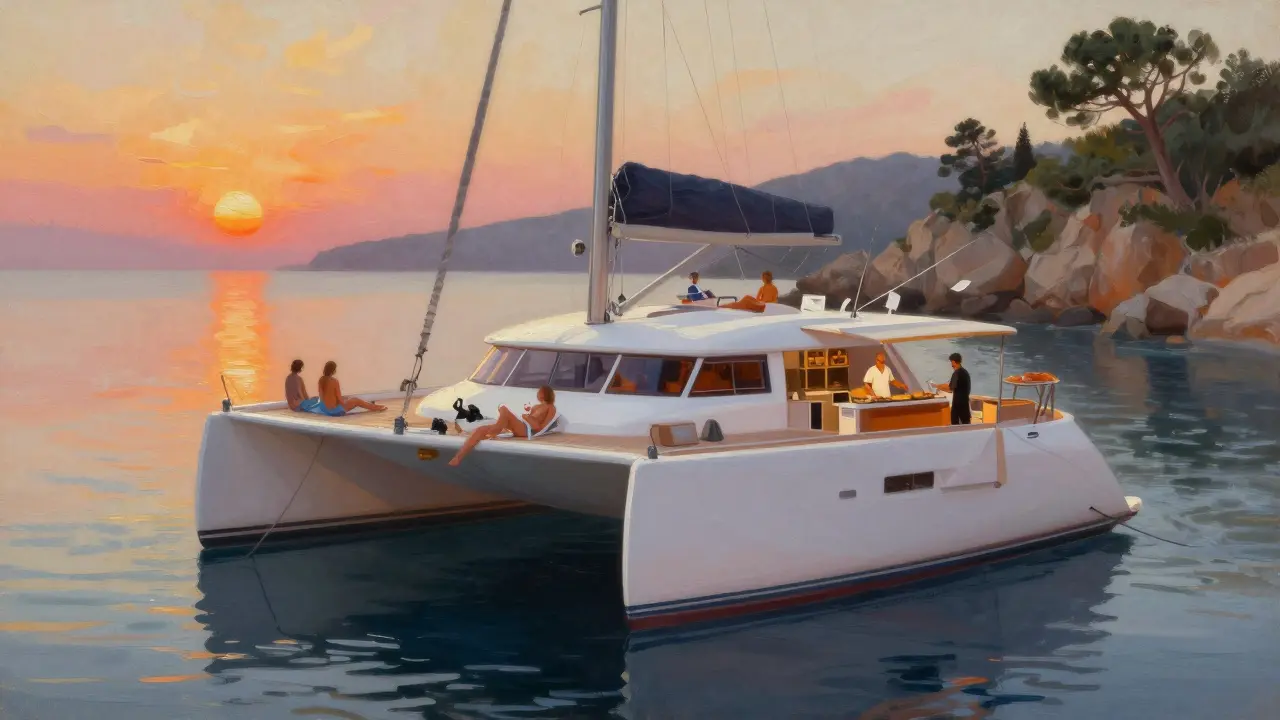 Catamarán de lujo anclado al atardecer en una cala secreta, con personas relajándose en la cubierta trasera.
