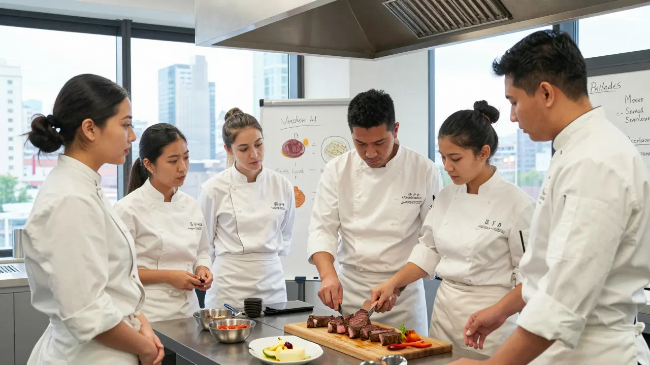 Cocineros jóvenes aprendiendo a preparar txuleta en una escuela de cocina de Bilbao.