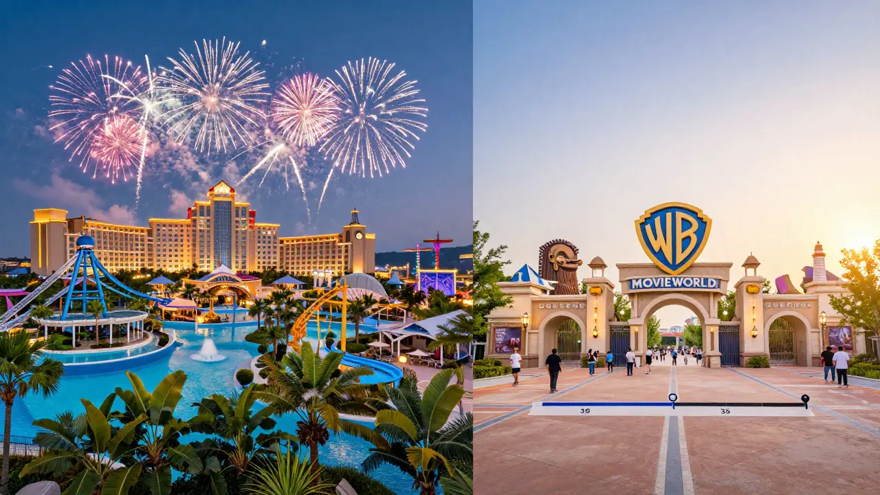 Comparación conceptual: Port Aventura como complejo turístico completo frente a Warner Bros. como parque de un día.