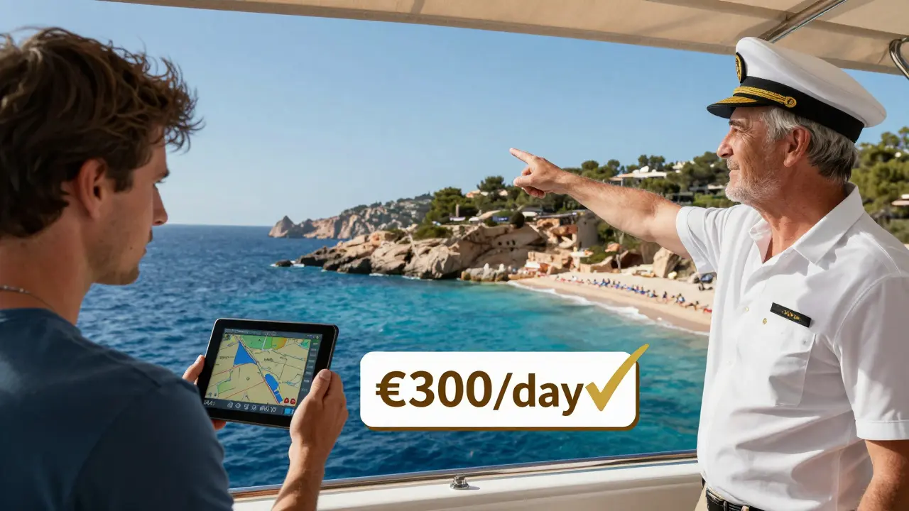 Contraste entre turista perdido y capitán experimentado que guía hacia una cala secreta.