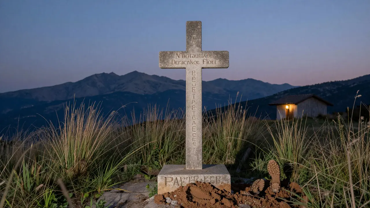 Cruz bilingüe en la frontera entre España y Francia, con huellas de botas en tierra y luz de atardecer suave.