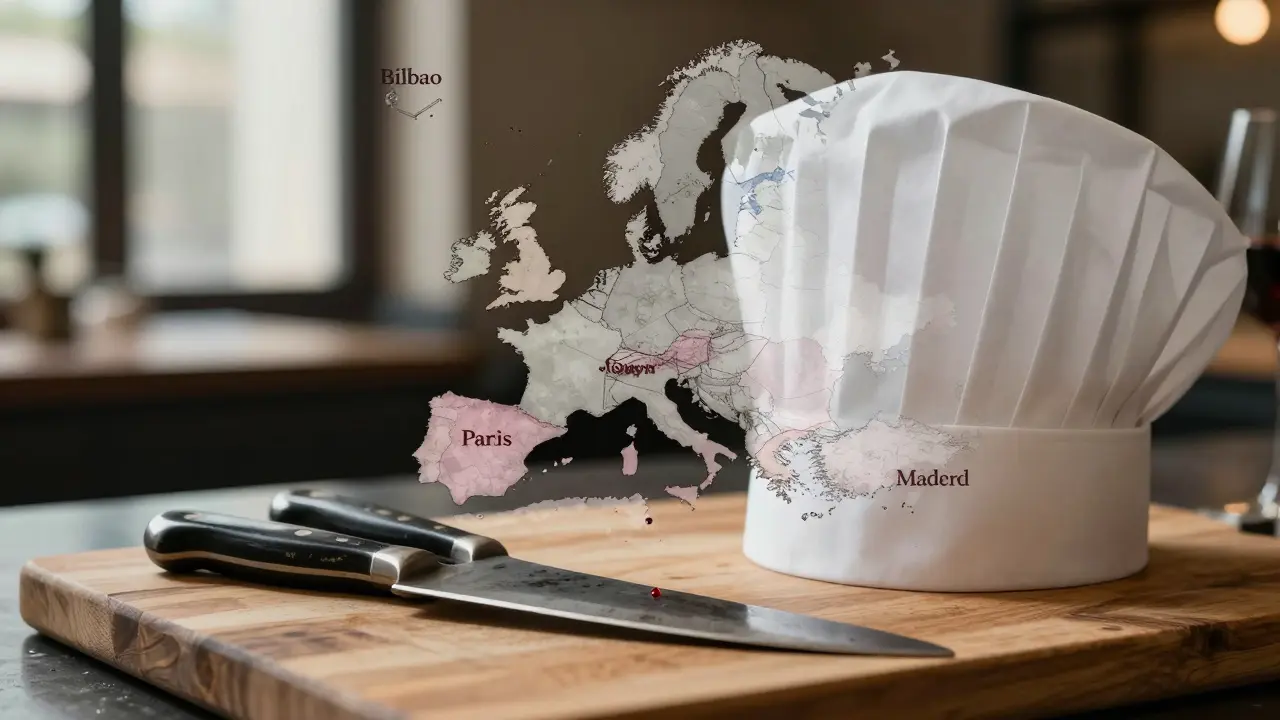 Cuchillos de chef y sombrero sobre tabla de madera, con mapa europeo translúcido y luces de restaurantes al fondo.