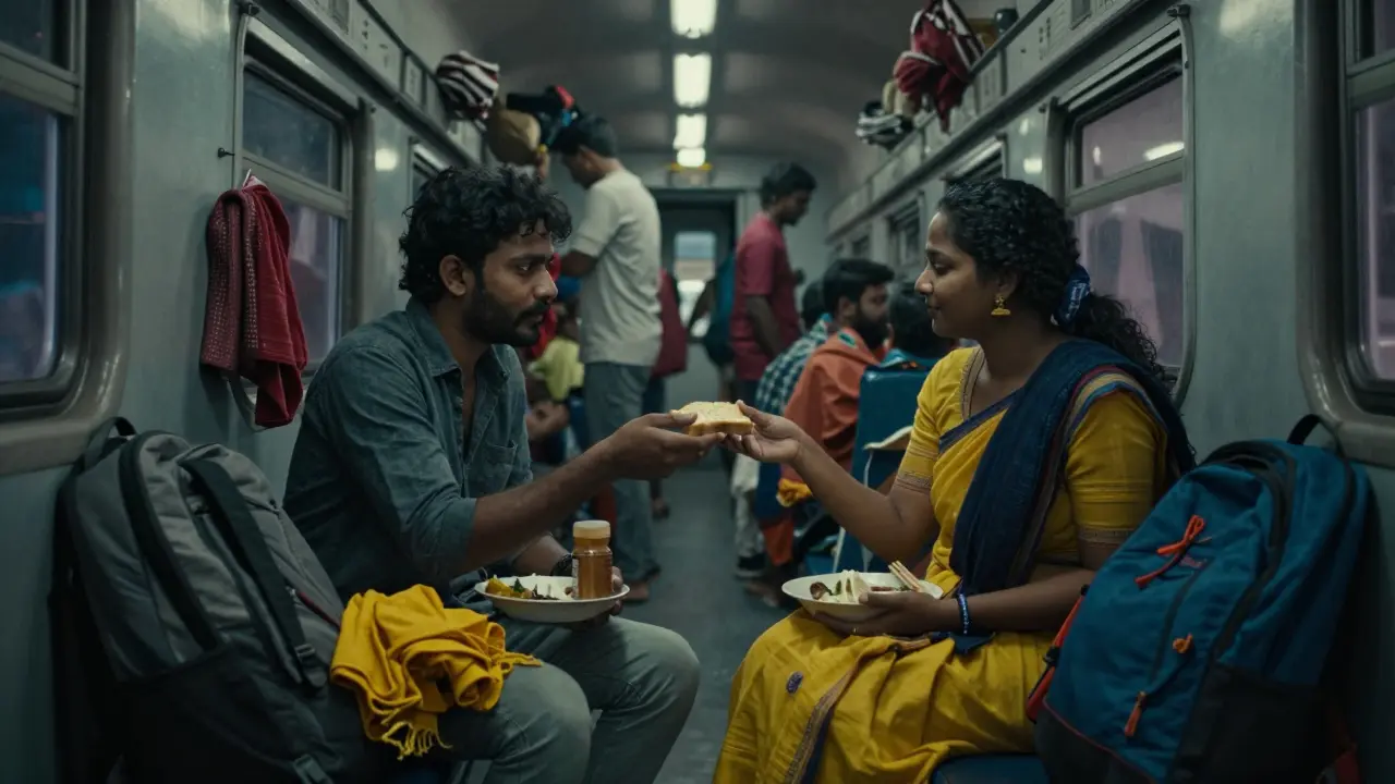 Dos extraños comparten comida en un tren de Kerala, conectados en silencio sin palabras.