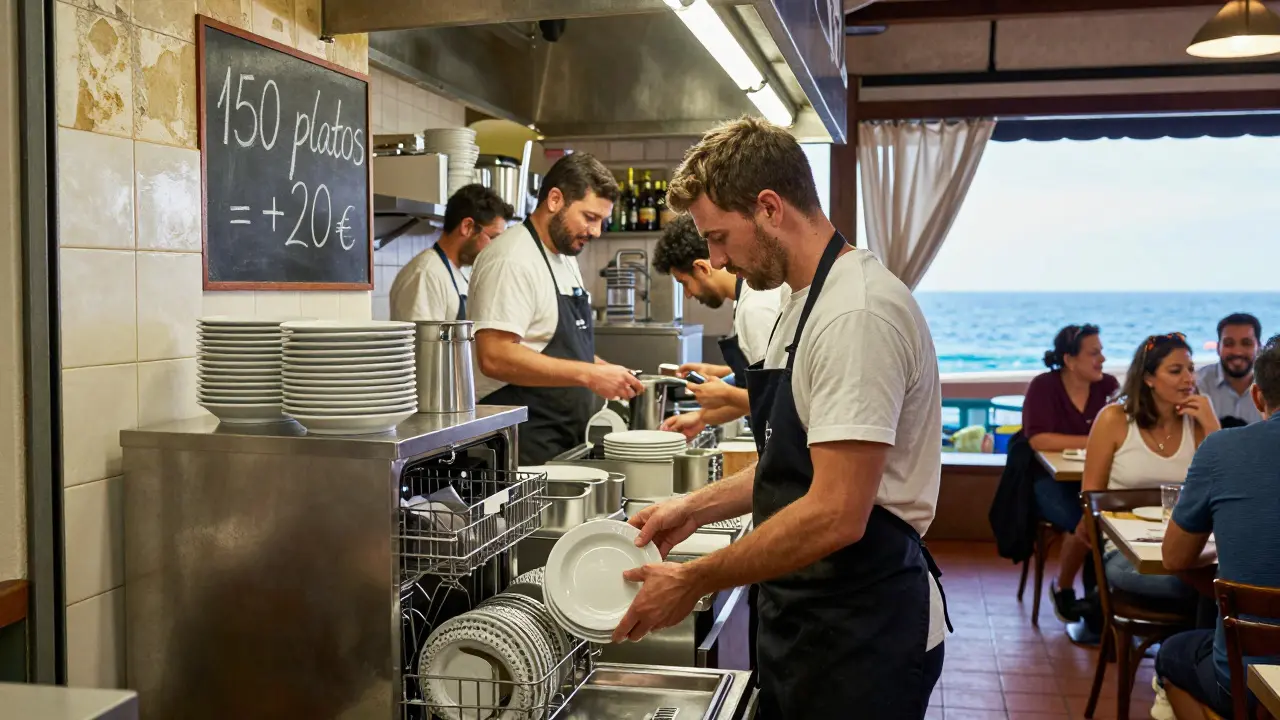 Equipo de cocina en Bilbao trabajando hasta tarde con platos y un tablero que indica bonos por volumen.