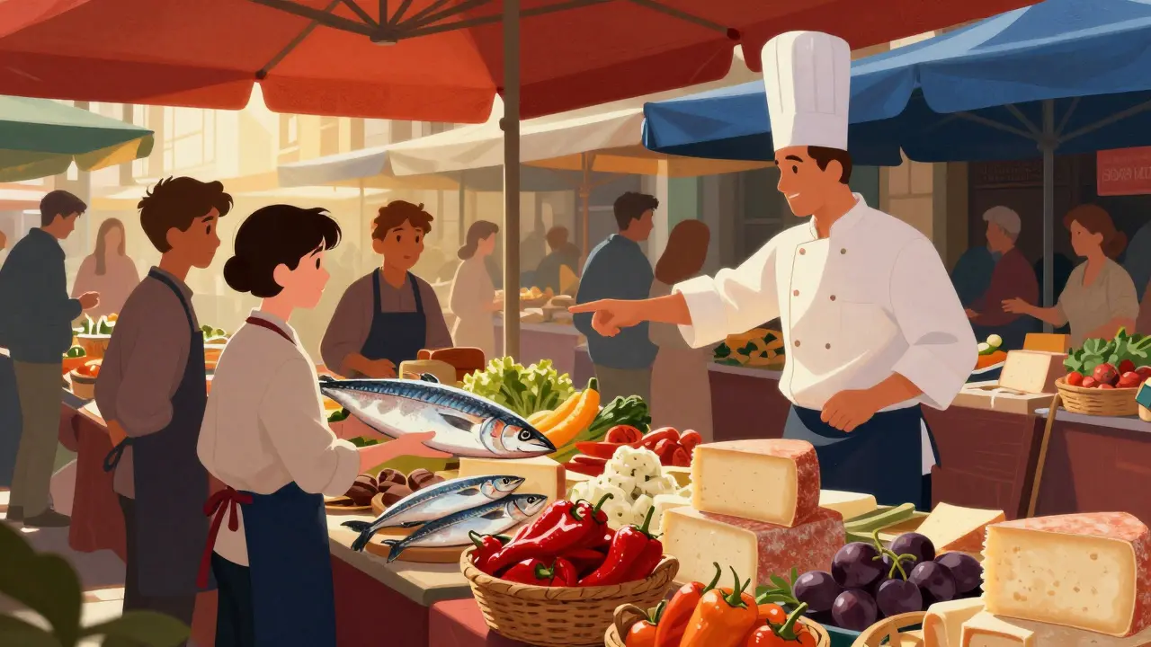 Grupo de alumnos en el mercado de San Mamés eligiendo pescado y verduras frescas para un curso de cocina vasca.