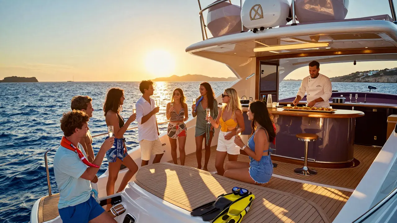 Grupo de amigos brindando en un yate privado en Ibiza mientras el sol se pone detrás de Formentera.