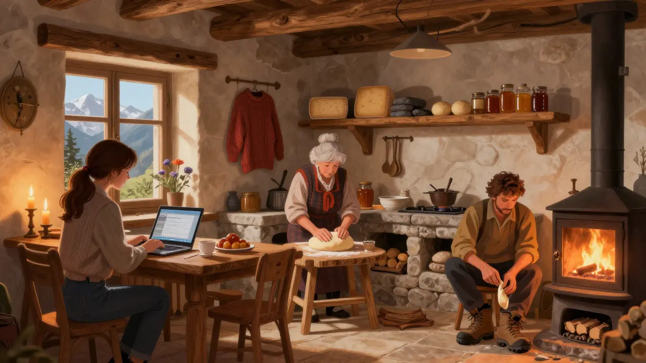 Grupo de habitantes en una casa de montaña: una mujer trabaja en una laptop, una anciana hace pan y un hombre repara botas.