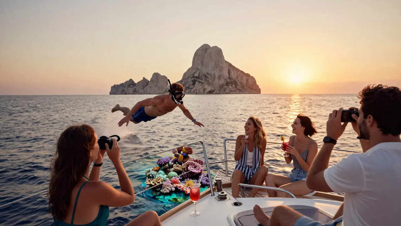 Grupo de personas disfrutando un día en yate: snorkel, cócteles y fotos al atardecer, con el mar y las calas de Ibiza al fondo.
