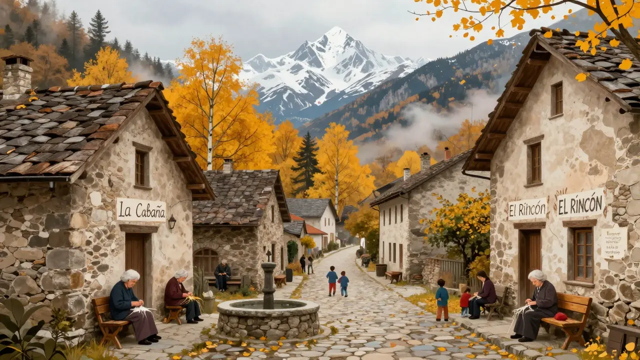 Hecho en otoño, calles empedradas, ancianas tejiendo y niños jugando entre casas de piedra con nombres en las fachadas.