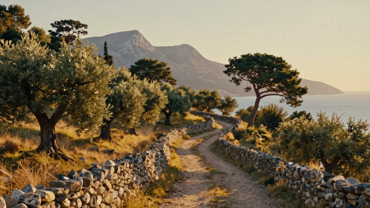 Hiking trail through olive groves transitioning into pine forests along the Pyrenees' eastern foothills.