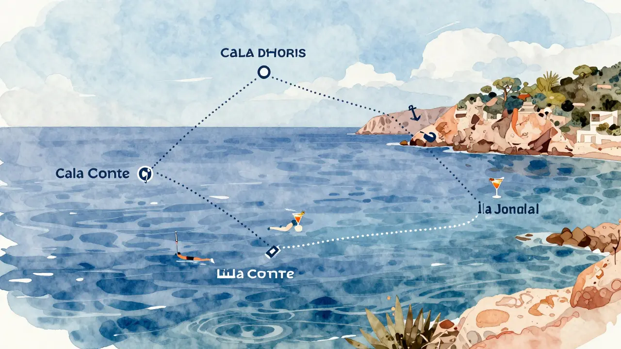 Ilustración artística de una ruta en yate por Ibiza con puntos clave como Cala d'Hort, Cala Comte y Cala Jondal, en estilo acuarela.
