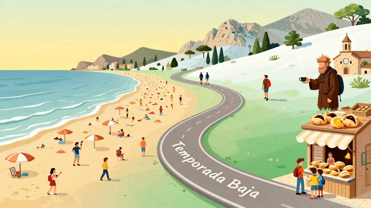 Ilustración comparativa: verano abarrotado vs invierno sereno en Mallorca, con senderistas y monasterio.