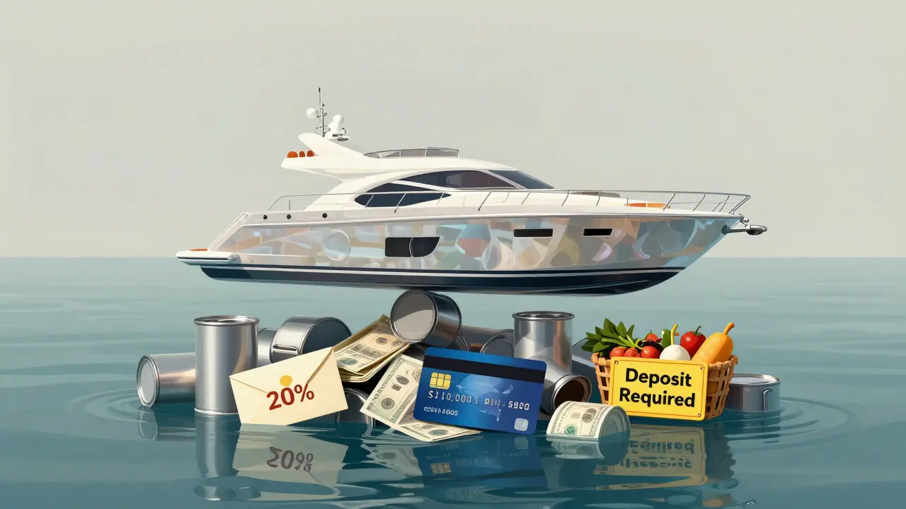 Ilustración conceptual de los costos ocultos de alquilar un yate: combustible, propina y depósito flotando junto al barco.