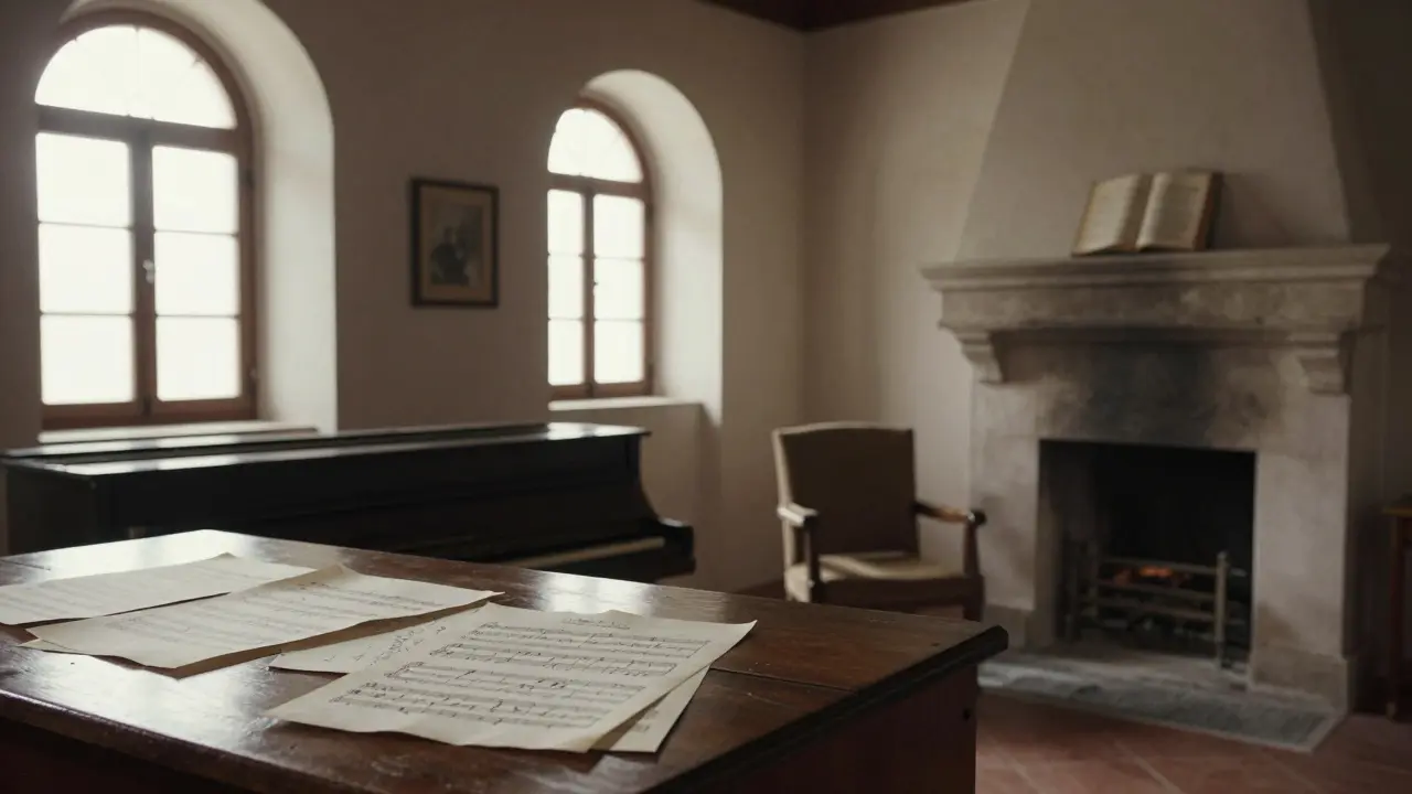 Interior silencioso del monasterio de Valldemossa, con un piano antiguo y partituras sobre la mesa, bañado por la luz suave de la ventana.