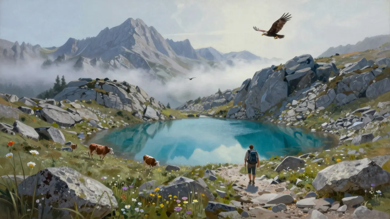 Lagos glaciares turquesa en Néouvielle con vacas pastando y águilas volando sobre picos de granito.