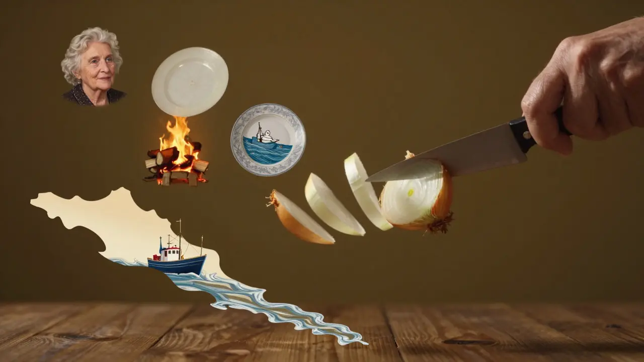 Mano cortando cebolla mientras memorias flotan en forma de recuerdos culinarios vascos.