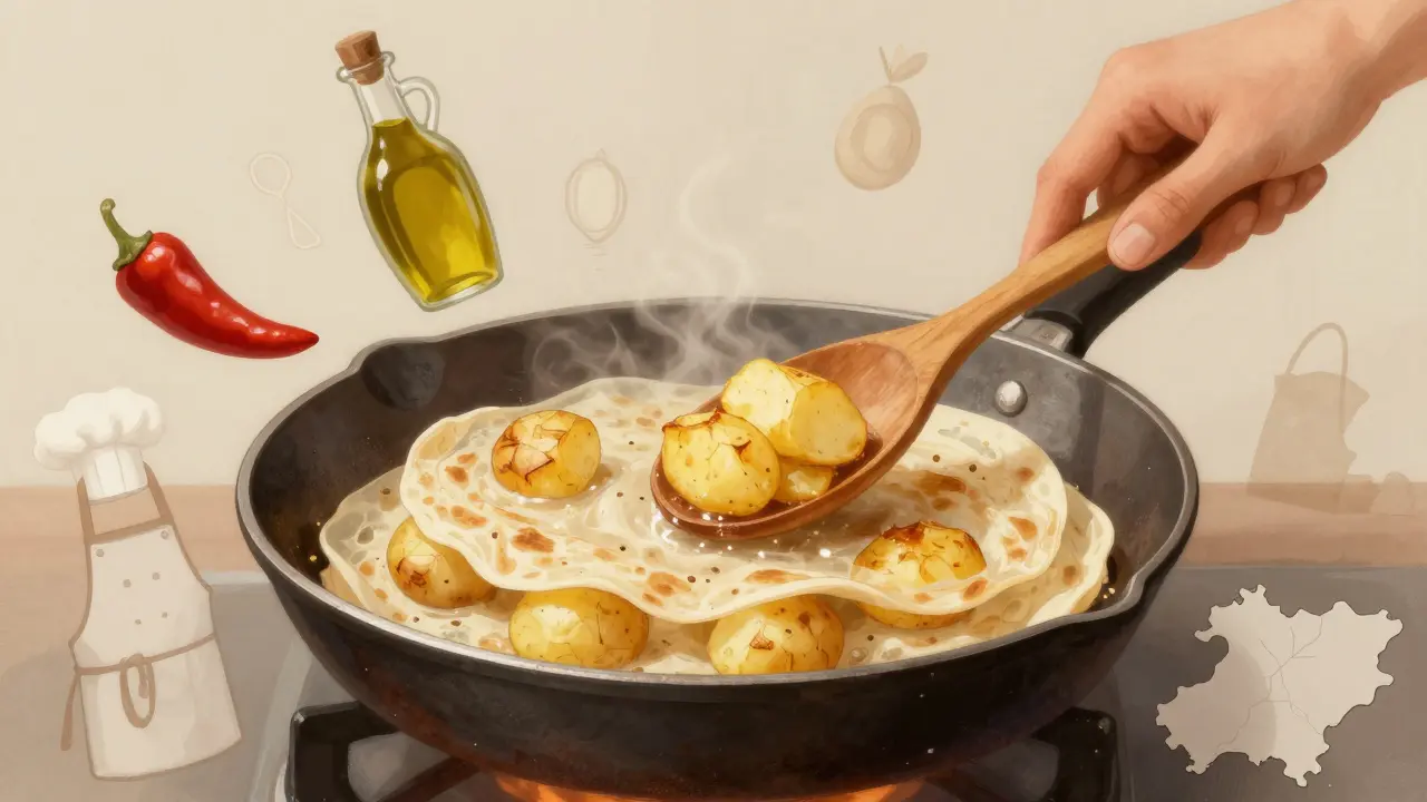 Mano sosteniendo una cuchara de madera sobre una sartén con tortilla de patatas, con elementos simbólicos de la cocina vasca flotando alrededor.