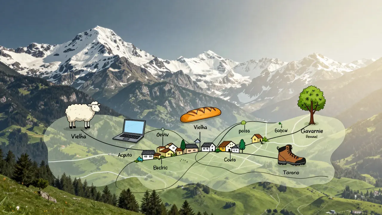 Mapa conceptual de los Pirineos con íconos que representan vida rural, trabajo remoto y renovación demográfica.