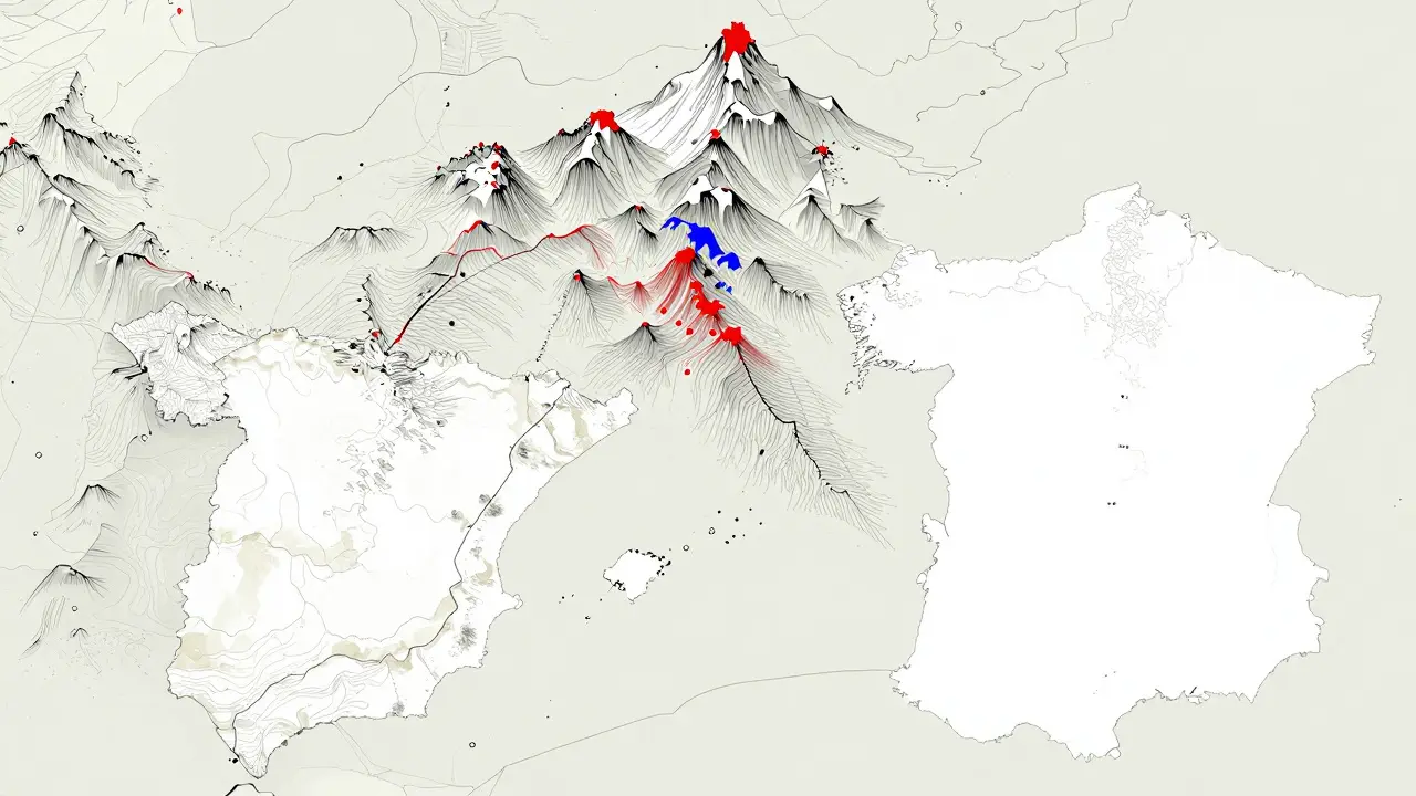 Mapa topográfico de los 129 picos de más de 3000 metros en los Pirineos, con concentración en la zona central.