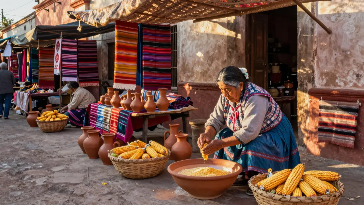 Mercado colorido en Oaxaca con una mujer moliendo maíz al amanecer.