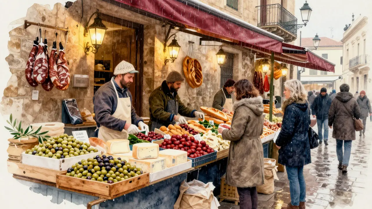 Mercado de l’Olivar en invierno, con productos locales y clientes locales en puestos de madera.
