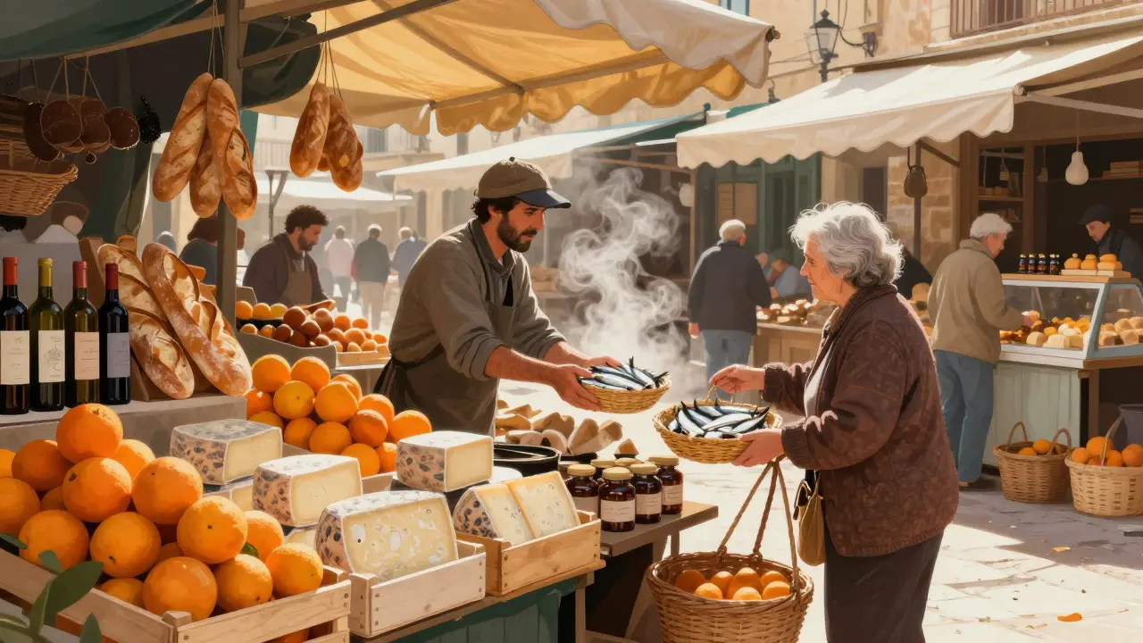 Mercado de l’Olivar en Palma, con frutas frescas, queso de cabra y pan recién horneado, bajo la luz cálida de la mañana.