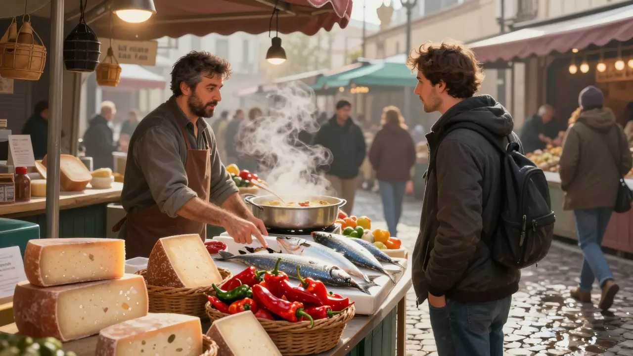 Mercado de La Ribera en sábado por la mañana, con pescador mostrando merluza fresca.