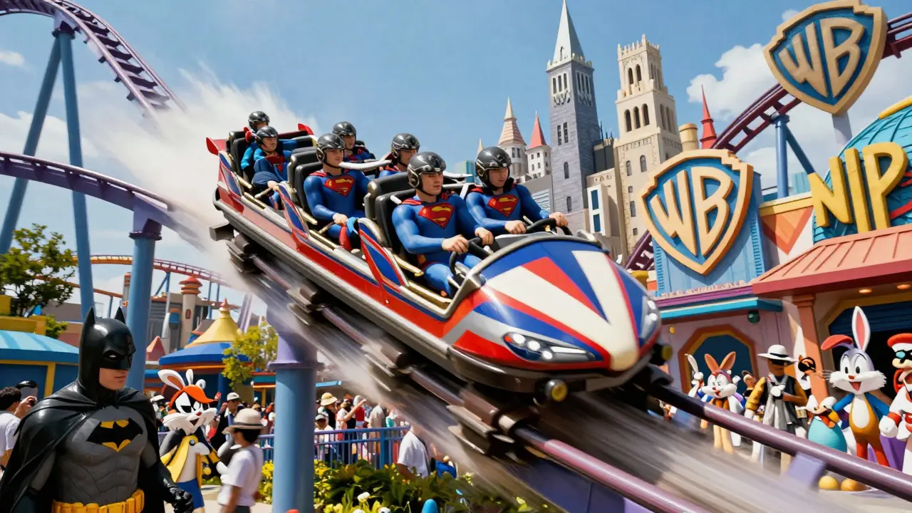 Montaña rusa Superman en Warner Bros. Movie World lanzándose con visitantes entre personajes de DC y Looney Tunes.