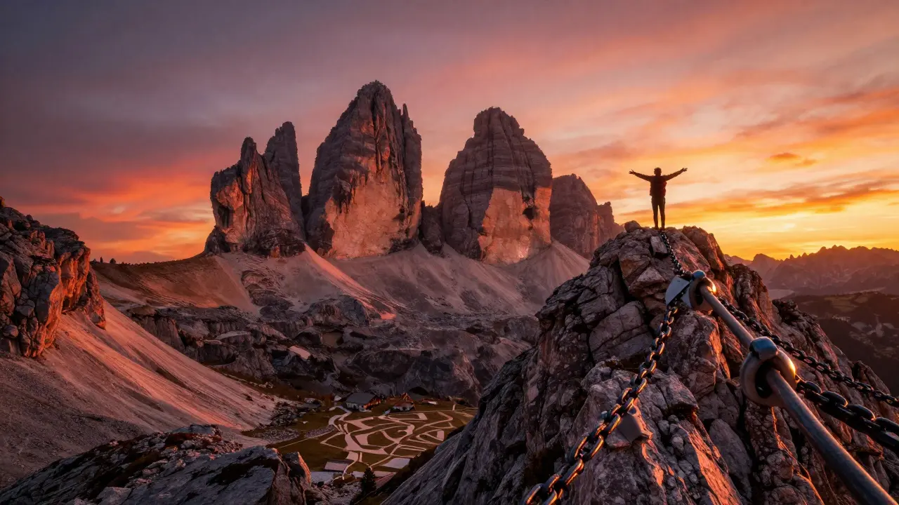 Monte Perdido con sus tres cumbres en silueta al atardecer, el paso con cadenas y el valle de Añisclo abajo.