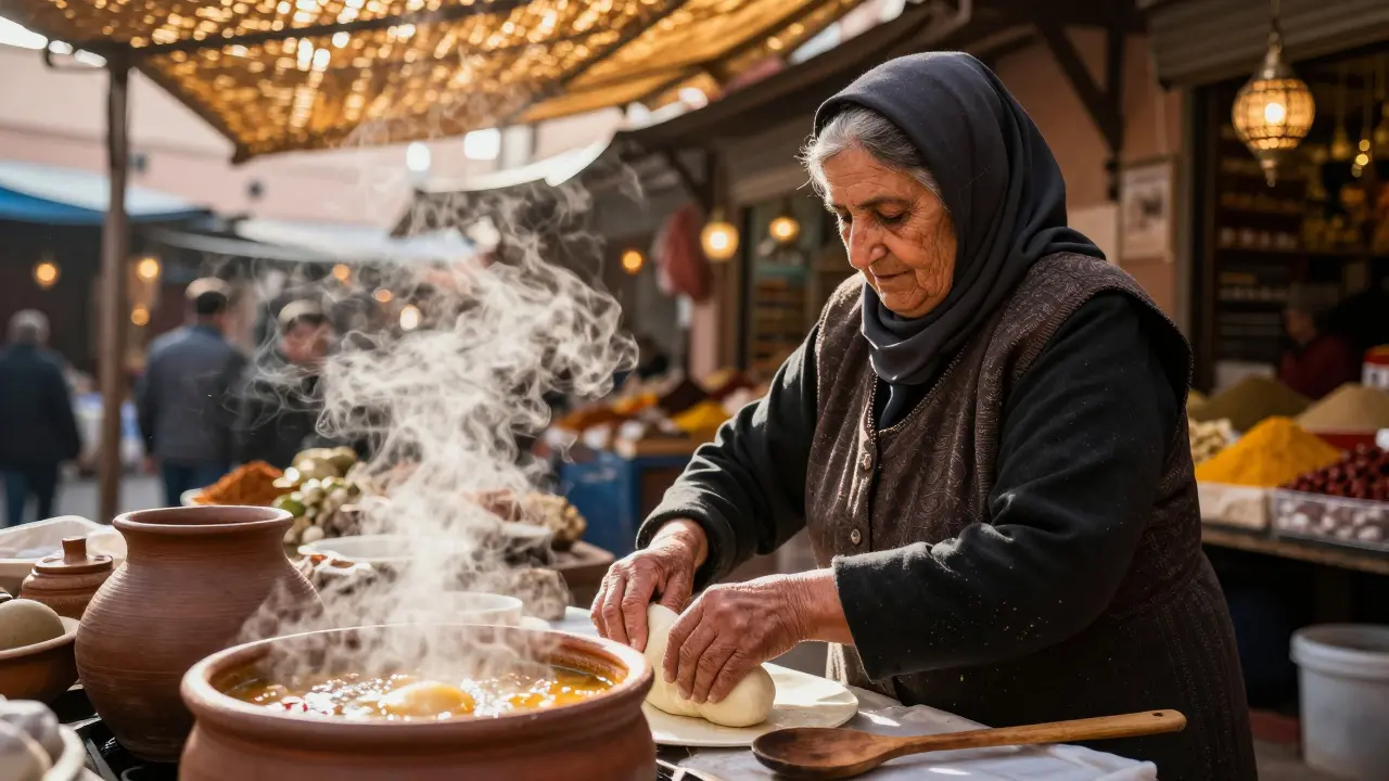 Mujer mayor preparando sopa en un mercado de Marrakech, con vapor y luces cálidas.