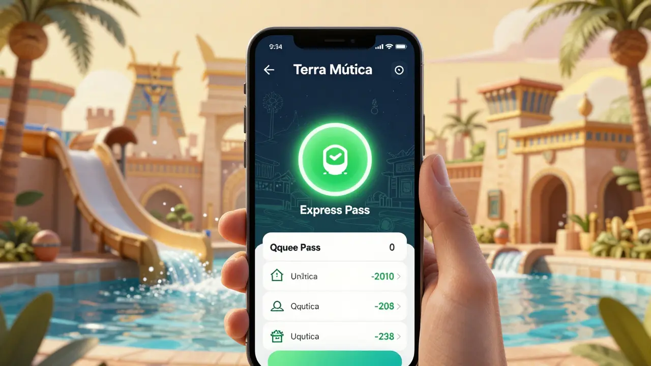 Pantalla de teléfono mostrando una app de parque con pase express activado para un tobogán acuático en Terra Mítica.