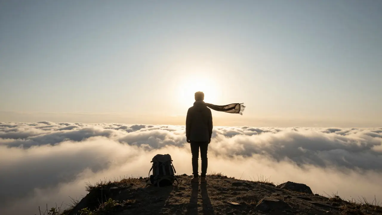 Persona sola en una cumbre montañosa al amanecer, mirando sobre las nubes.