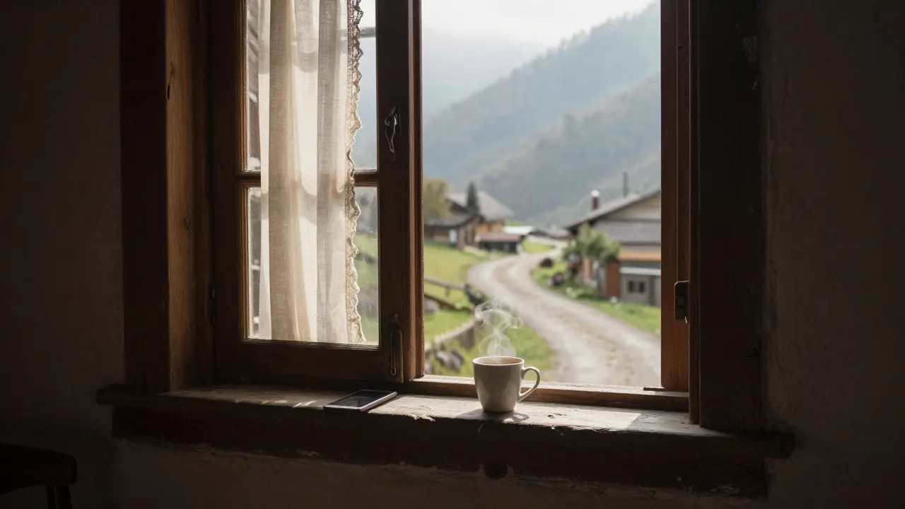 Puerta de madera entreabierta en un pueblo de montaña, teléfono sin señal sobre el alféizar.
