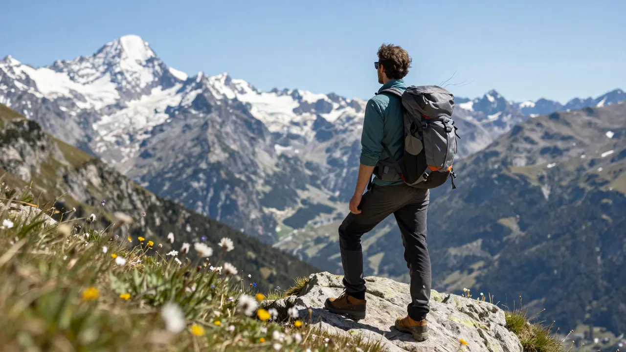 Senderista en la cima de la Munia, con vistas a los valles de Ordesa y picos nevados al fondo.