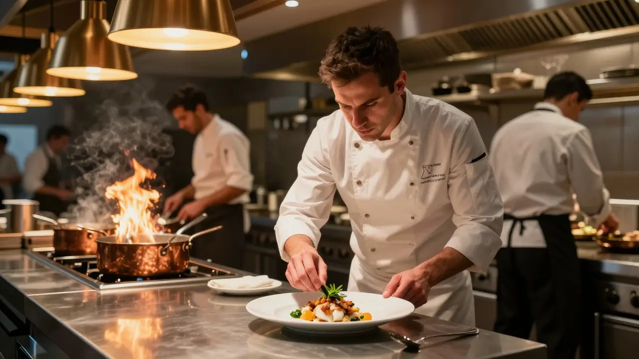 Sous chef presentando un plato de bacalao al pil-pil en restaurante estrella Michelin.