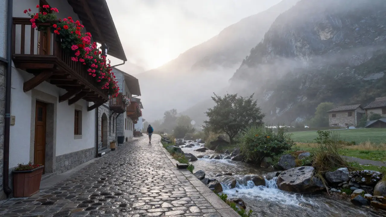 Torla-Ordesa al amanecer, río cascando junto al ayuntamiento, balcones con geranios y sendero que se pierde en la niebla.