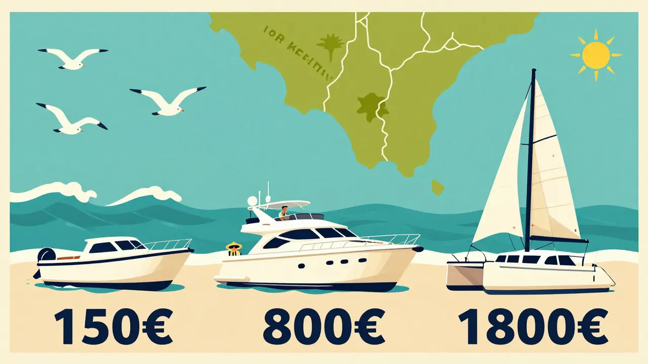 Tres tipos de embarcaciones en un estilo de cartel de viaje: lancha, yate y catamarán, con precios simbólicos.